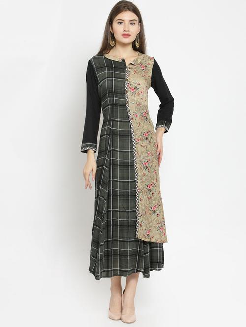 a-line checkered panel kurta - 15517389 - Very Small Image - 1