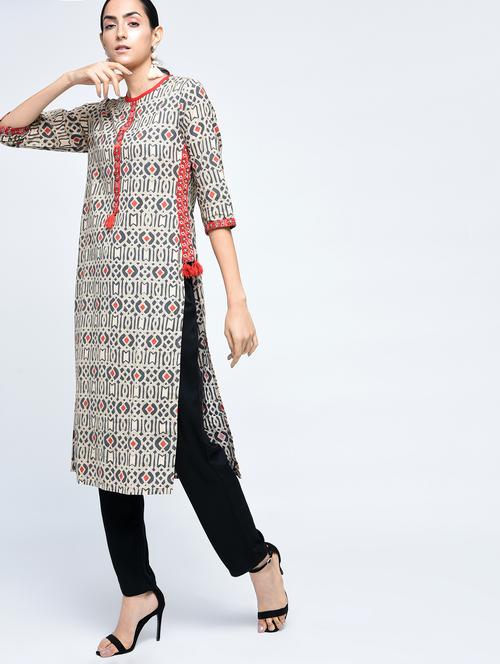 straight printed kurta with tassels - 15517701 - Very Small Image - 1