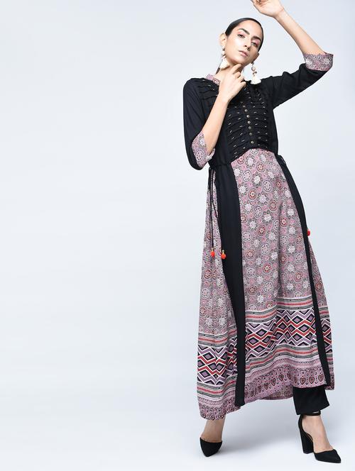 a-line printed kurta with tassels - 15517712 - Very Small Image - 1