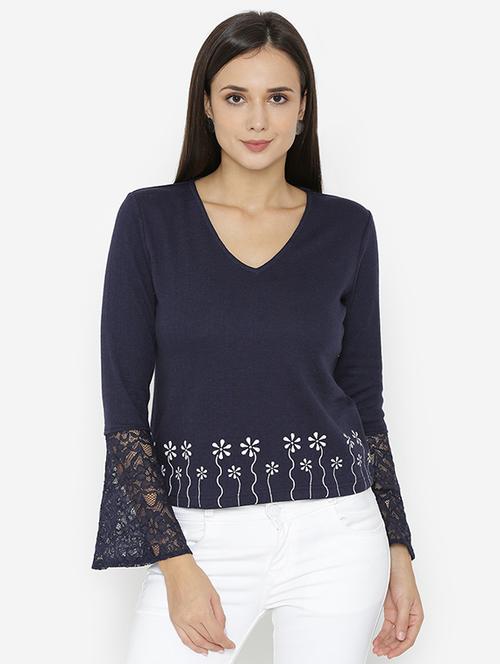 lace detailed sleeved printed top - 15518037 - Very Small Image - 1