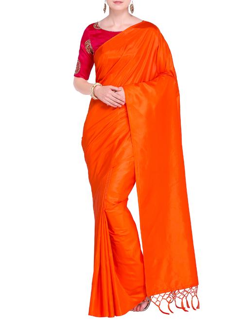 tassels pallu orange solid saree with blouse - 15519246 - Very Small Image - 1