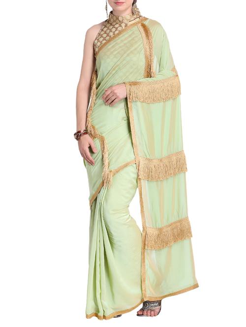 fringed lace embellished green saree with blouse - 15519257 - Very Small Image - 1