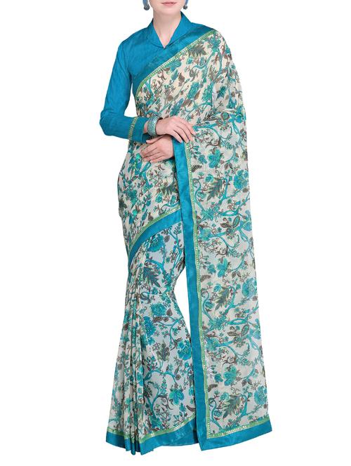 lace border floral printed saree with blouse - 15519262 - Very Small Image - 1