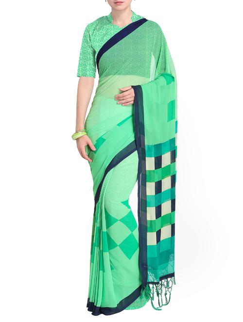 contrast border checkered printed saree with blouse - 15519267 - Very Small Image - 1