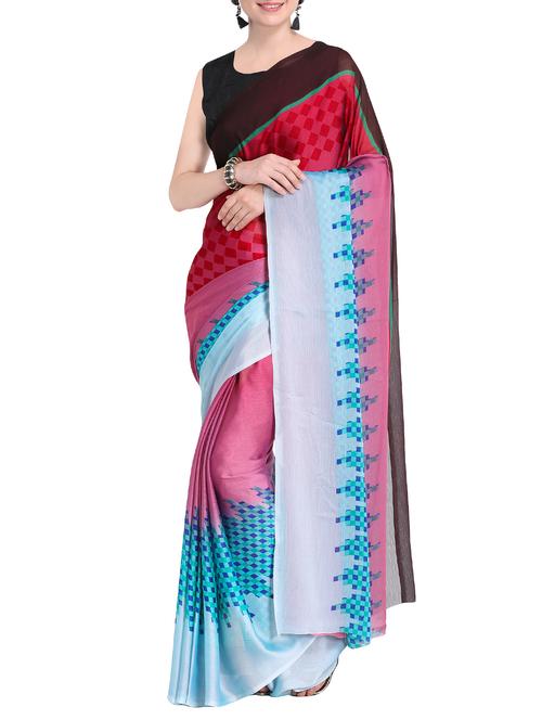 checkered printed pink saree with blouse - 15519279 - Very Small Image - 1