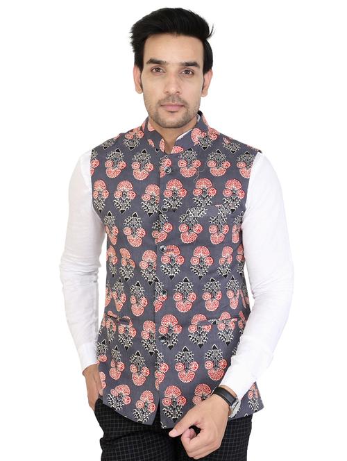 grey cotton nehru jacket - 15520123 - Very Small Image - 1
