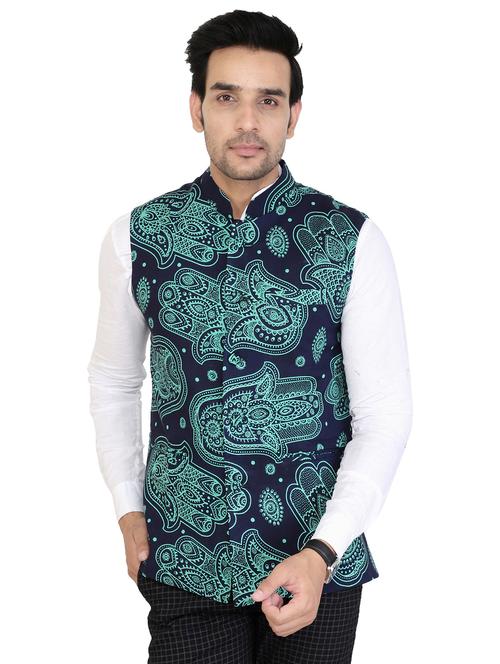 blue cotton nehru jacket - 15520125 - Very Small Image - 1