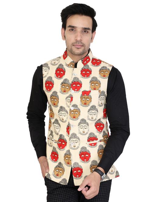 beige cotton nehru jacket - 15520140 - Very Small Image - 1