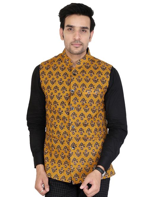 yellow cotton nehru jacket - 15520142 - Very Small Image - 1