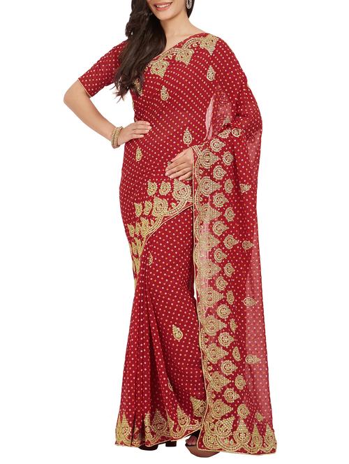 embroidered red bandhani saree with blouse - 15521085 - Very Small Image - 1