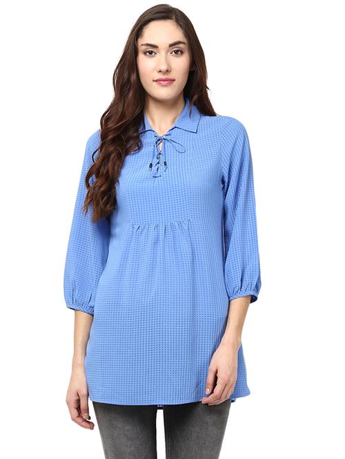 criss cross neck detailed checkered tunic - 15521480 - Very Small Image - 1