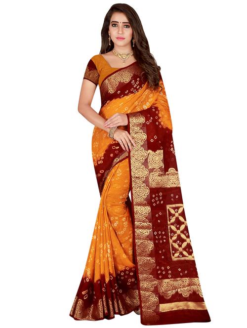 contrast zari border bandhani saree with blouse - 15521918 - Very Small Image - 1