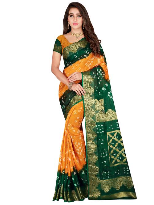 contrast zari border bandhani saree with blouse - 15521921 - Very Small Image - 1