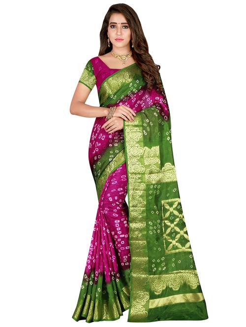 contrast zari border bandhani saree with blouse - 15521924 - Very Small Image - 1