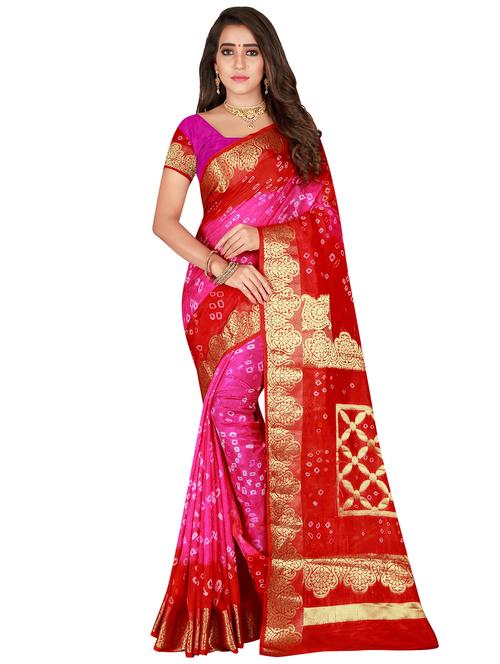 contrast zari border bandhani saree with blouse - 15521926 - Very Small Image - 1
