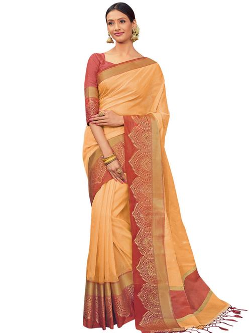 zari temple bordered saree with blouse - 15522079 - Very Small Image - 1