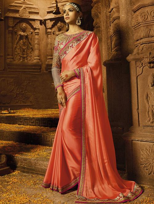 zari embroidered bordred saree with blouse - 15522156 - Very Small Image - 1