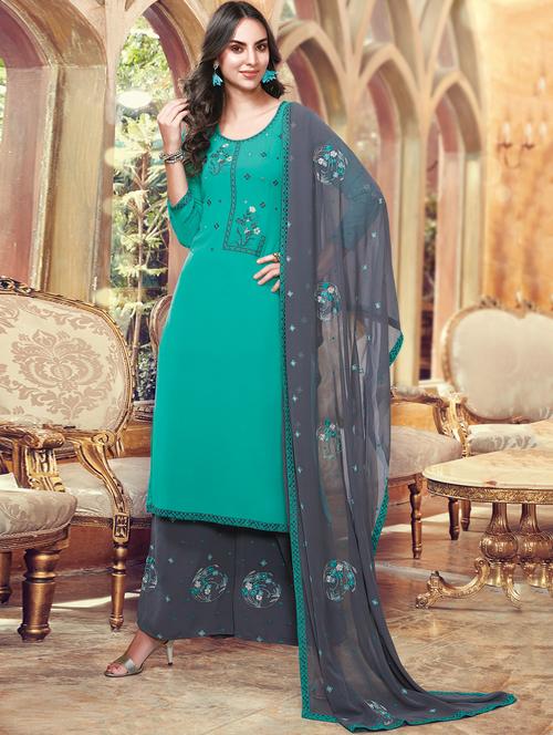 embroidered semi-stitched palazzo suit - 15522209 - Very Small Image - 1