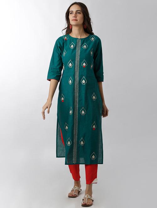 teal embroidered straight kurta - 15524717 - Very Small Image - 1
