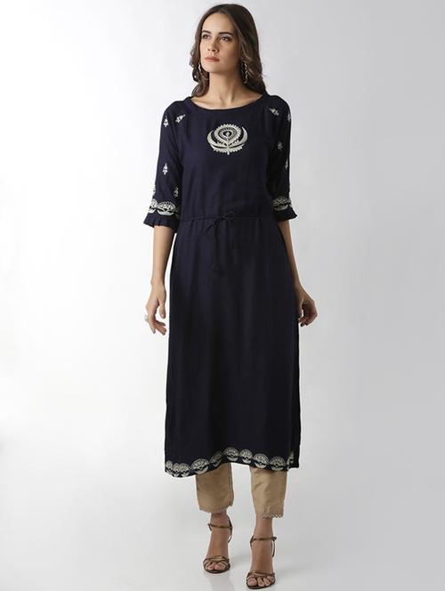 midnight blue embroidered a-line kurta - 15524723 - Very Small Image - 1