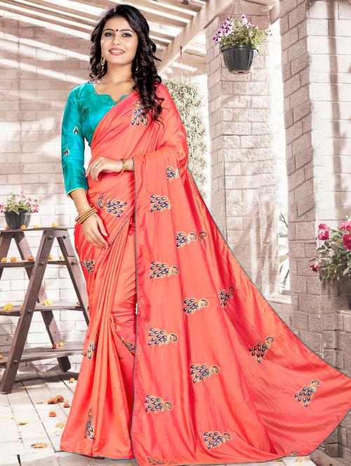 conversational embroidered peach saree with blouse - 15525440 - Very Small Image - 1