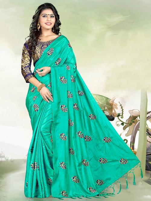 conversational embroidered turquoise saree with blouse - 15525446 - Very Small Image - 1