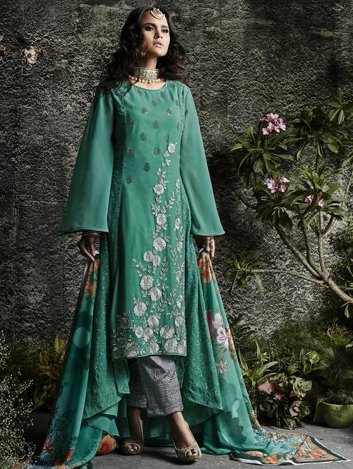 embroidered high-low flared sleeved suit set - 15526263 - Very Small Image - 1