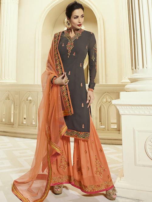 zari embroidered sharara suit set - 15526266 - Very Small Image - 1