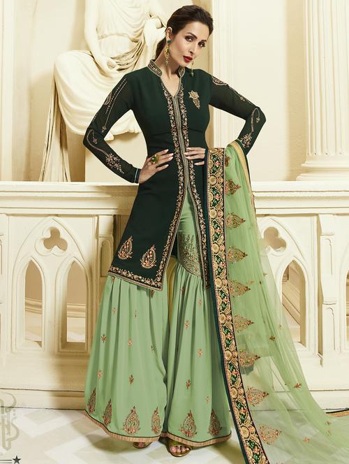 zari embroidered sharara suit set - 15526267 - Very Small Image - 1