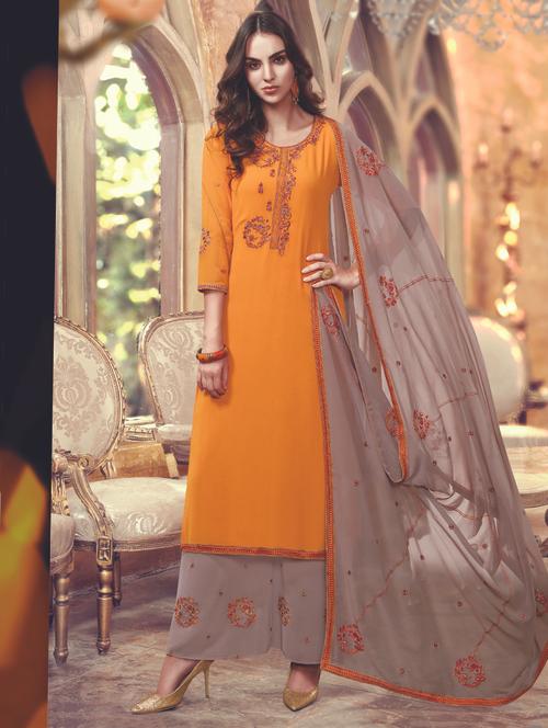 embroidered semi-stitched palazzo suit - 15526272 - Very Small Image - 1