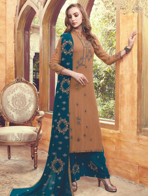 embroidered semi-stitched palazzo suit - 15526274 - Very Small Image - 1
