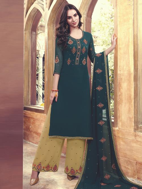 embroidered semi-stitched palazzo suit - 15526275 - Very Small Image - 1