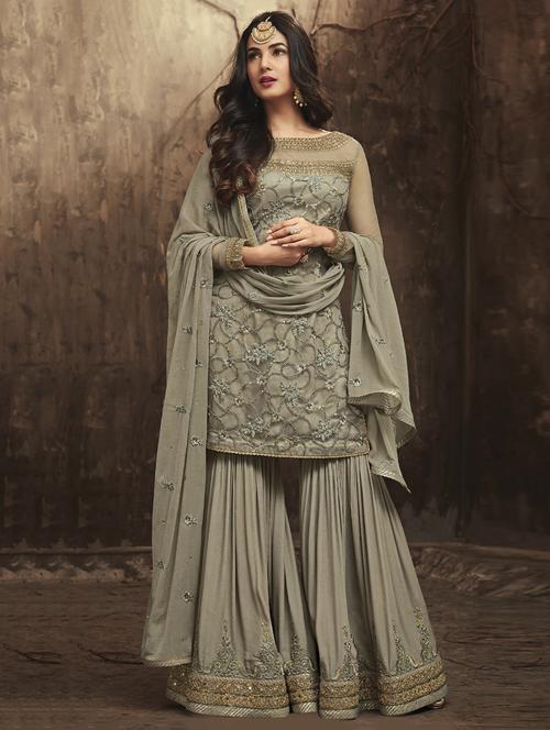 tone-on-ton embroidered sharara suit set - 15526321 - Very Small Image - 1