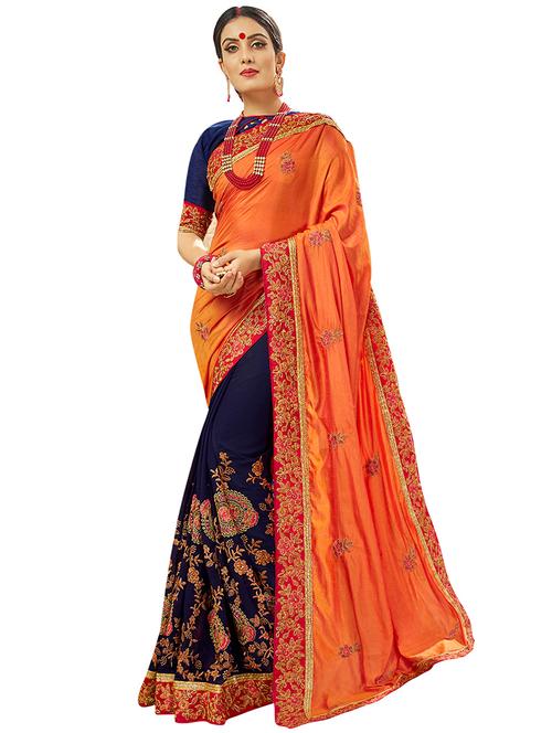 zari floral half and half saree with blouse - 15526746 - Very Small Image - 1