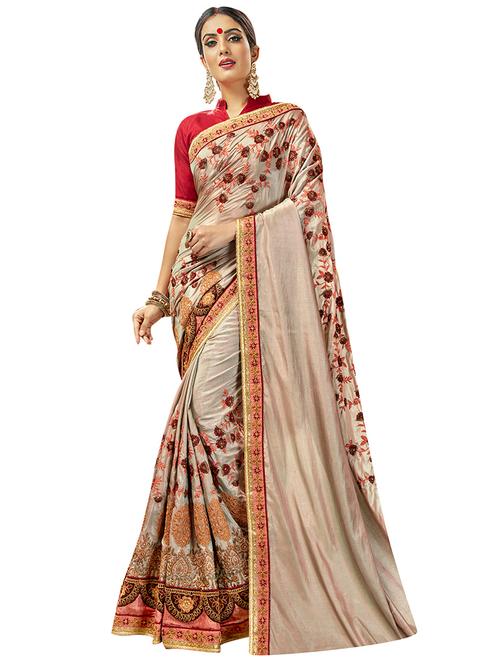 zari floral embroidered saree with blouse - 15526752 - Very Small Image - 1