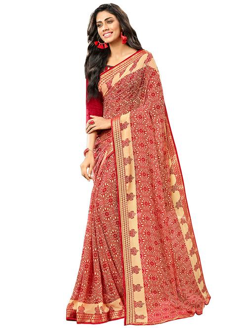 contrast bordered printed saree with blouse - 15526791 - Very Small Image - 1