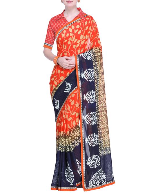 contrast bordered printed saree with blouse - 15528216 - Very Small Image - 1