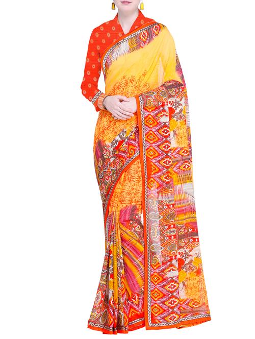 contrast bordered printed saree with blouse - 15528217 - Very Small Image - 1