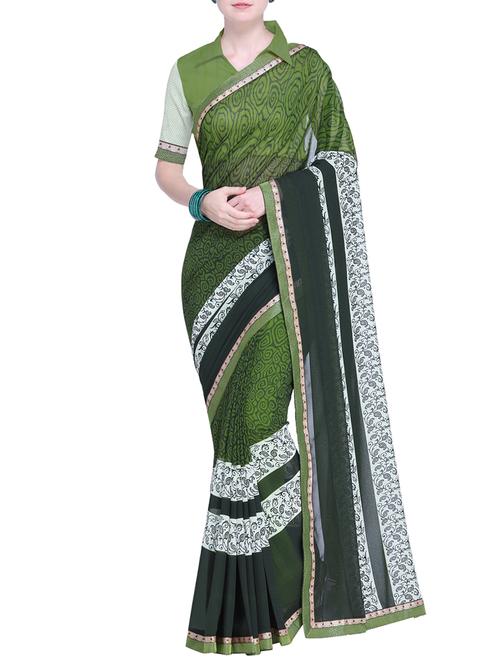 contrast bordered printed saree with blouse - 15528228 - Very Small Image - 1