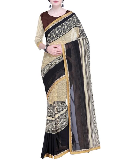 contrast bordered printed saree with blouse - 15528233 - Very Small Image - 1