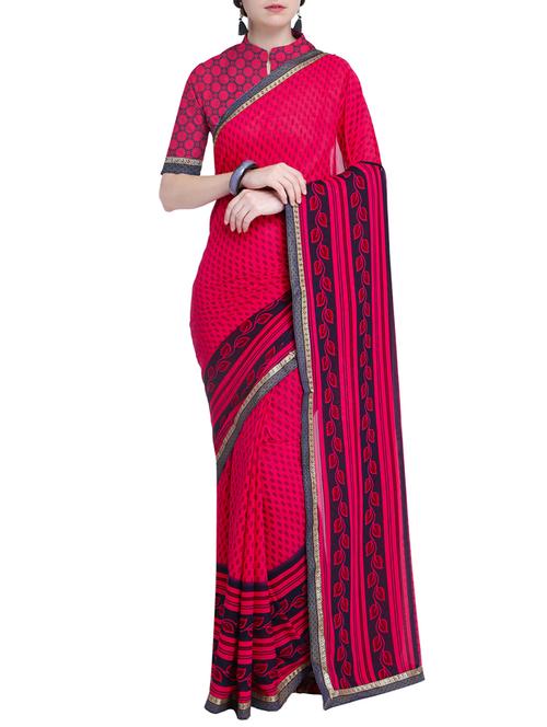 contrast bordered printed saree with blouse - 15528246 - Very Small Image - 1