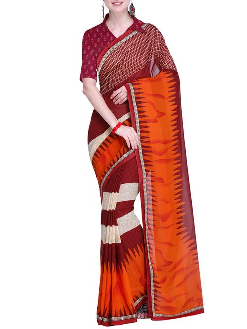 contrast bordered printed saree with blouse - 15528254 - Very Small Image - 1