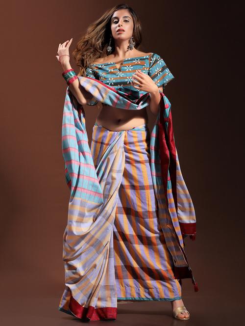 checkered violet printed saree - 15529530 - Very Small Image - 1