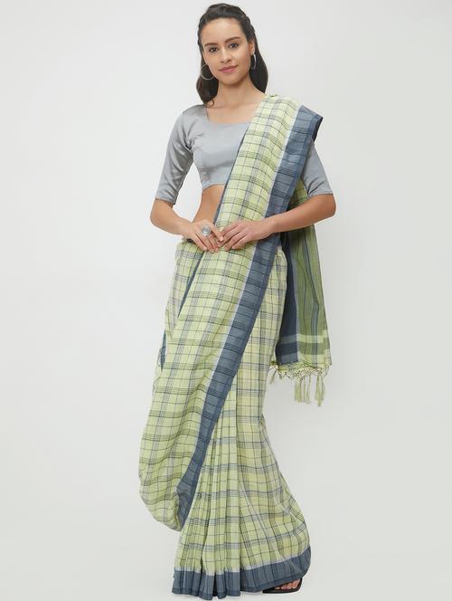 checkered linen handloom saree with blouse - 15530662 - Very Small Image - 1