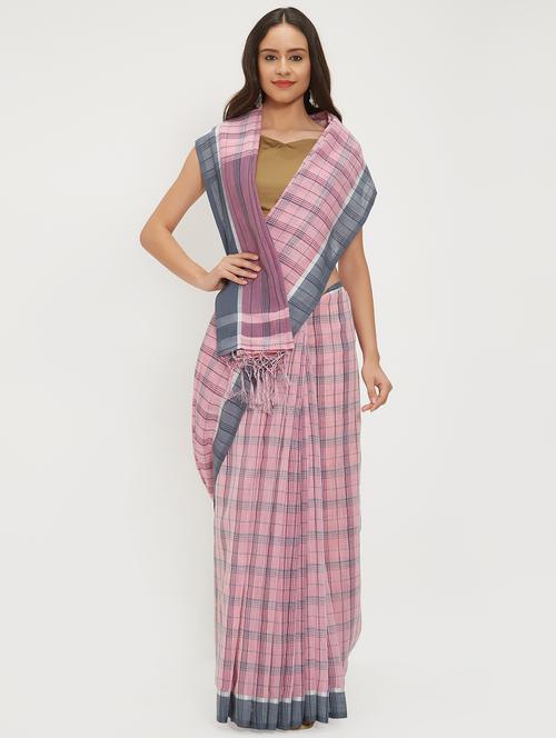 checkered linen handloom saree with blouse - 15530663 - Very Small Image - 1