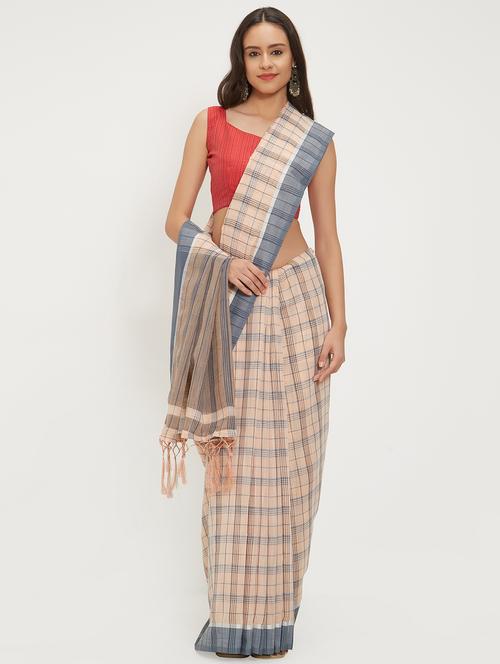 checkered linen handloom saree with blouse - 15530664 - Very Small Image - 1