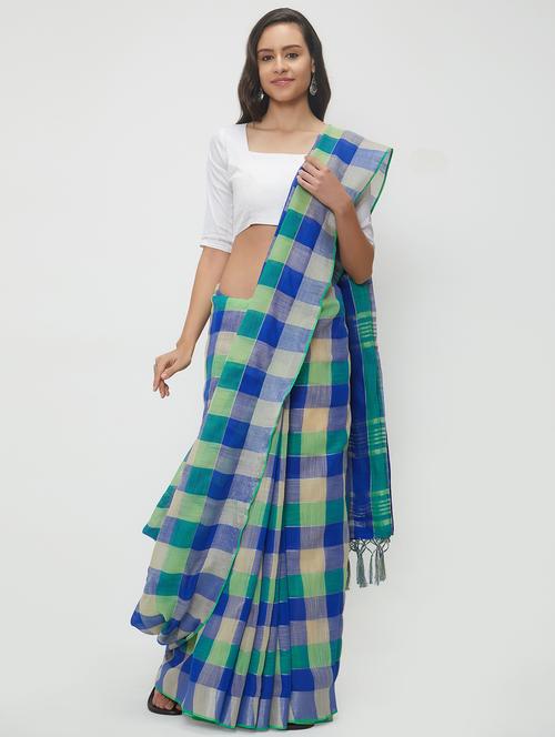 checkered linen handloom saree with blouse - 15530666 - Very Small Image - 1