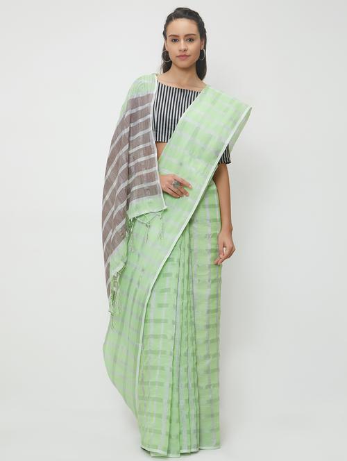 checkered linen handloom saree with blouse - 15530669 - Very Small Image - 1
