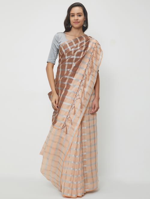 checkered linen handloom saree with blouse - 15530671 - Very Small Image - 1