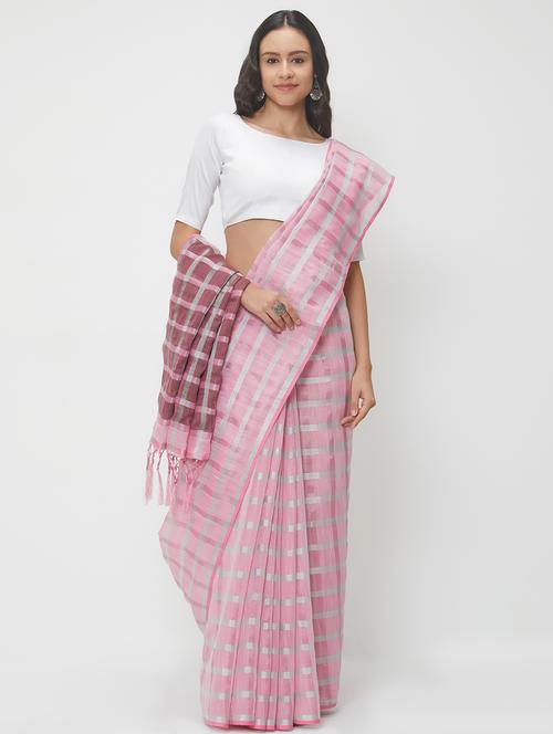 checkered linen handloom saree with blouse - 15530672 - Very Small Image - 1